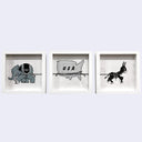 Three framed illustrations of an elephant, USA map, and donkey on a white background. The elephant pulls the USA map to the right and the donkey pulls the USA map to the left.