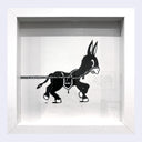Black silhouette of a donkey with a chain and 'DMC' logo in a white frame.