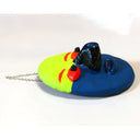 Sculpture of a flat clay mask with 3D eyes, nose and lips. It is half fluorescent yellow and half dark blue. It has red eyes and eyebrows and hangs from a chain.