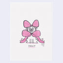 Illustration of a cartoon pug wearing a huge cartoon pink bow.