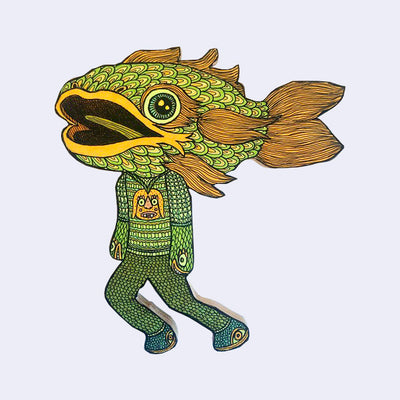 Die cut wooden sculpture of a person wearing all knit clothing with a giant fish head. Colors are green and orange.