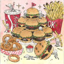 Cartoon style illustration of a pile of slider hamburgers on a plate. Nearby is a large soda cup that says "okay" on the side and a large container of fries that reads "ok" on the front. In the foreground is a large paper container of onion rings. Small white skeletons interact with the scene comically.