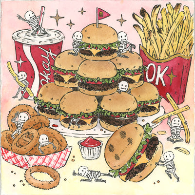 Cartoon style illustration of a pile of slider hamburgers on a plate. Nearby is a large soda cup that says "okay" on the side and a large container of fries that reads "ok" on the front. In the foreground is a large paper container of onion rings. Small white skeletons interact with the scene comically.
