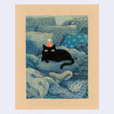 Illustration of a black cat wearing a red party hat and laying on a textured blue surface with a beige border.
