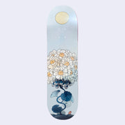 Light blue skate deck featuring an illustration of a large collective of blooming white flowers with yellow centers, attached to a wavy dark teal stem. At the bottom is a small pink worm and at the top middle of the deck is a yellow sun.