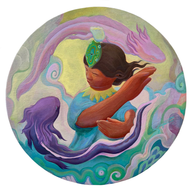 Painting on circle panel of a tan person with slightly distorted limbs, larger than normal, making hand gestures like he's bending the air. Below him a purple axolotl moves, curving its body and above him a pink axolotl curves in the other direction.  