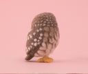 Small needle felting of an owl, brown with white spots and a yellow beak and talons.