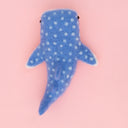 A needle felting kit of a whale shark, a flat, blue shark with a white underbelly and white spots, seen from overhead.