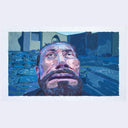 Artistic depiction of a person with a beard looking upwards, surrounded by abstract blue and green elements.