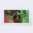 Painting of a film still from Batman & Robin of a masked character standing with muscular arms over his head and broken wrist chains.