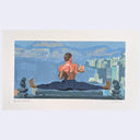 Artistic depiction of a muscular figure in a split pose with a cityscape background.