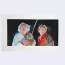 Illustration of two characters from 'Back to the Future' holding a device against a black background.