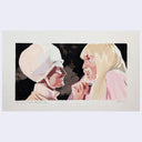 Illustration of two characters facing each other with a white border