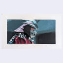 Character from Teenage Mutant Ninja Turtles wearing a helmet and red outfit on a white background