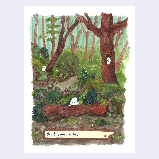 Watercolor of lush forest setting, with many curvy trees. A fallen tree trunk sits in the foreground with a small white ghost hiding behind and 3 more small ghosts hidden in trees around. A classic RPG text box is at the bottom with "You? Could it be?" written within.