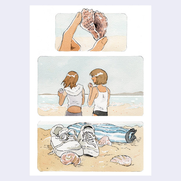 3 panel watercolor illustration of a beach scene. 1st panel a hand holds a small shell. 2nd panel are two girls holding a shell and a can, smiling at one another. 3rd panel is of shoes on the sand, with more shells nearby.
