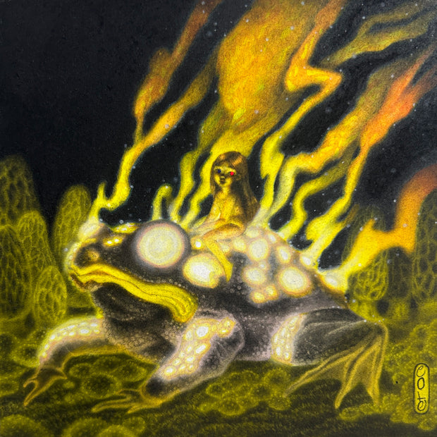 Illustration of a black frog with shining yellow eyes and many yellow glowing spots on its back. A small nude girl with long hair rides atop its back, with flames up in the background. Many green fungi decorate the ground.