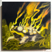 Illustration of a black frog with shining yellow eyes and many yellow glowing spots on its back. A small nude girl with long hair rides atop its back, with flames up in the background. Many green fungi decorate the ground. Mounted on wood panel