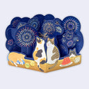 Decorative 3D greeting card with cats and fireworks design on a blue background