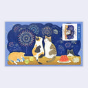 3D pop up card of 2 cats sitting on a wooden table with other cats and fruit, while colorful fireworks go off in the background.