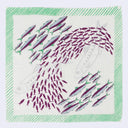 Illustration of fish swimming in a circular pattern on a white background with green border