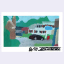 A hand-painted abstract landscape art print featuring green hills, a white house with blue and red accents, a black car, and brown trees, with a black signature and '8/10' written below on a white border.