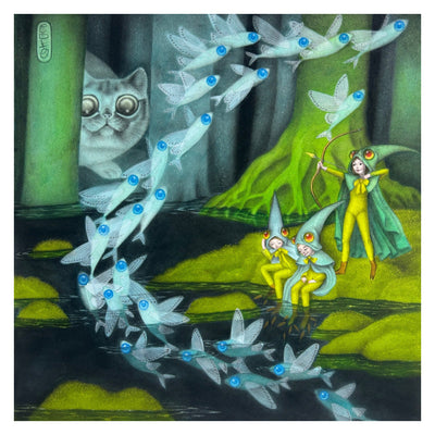 Illustration of a dark green and blue swampy forest setting, with many semi transparent fish flying out of the water. 3 girls stand on the mossy ground, 2 with their feet in the water and the other using a bow and arrow. A large cat looms in the background.