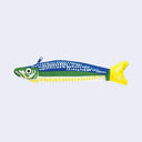 Fish shaped pencil pouch with a zip top and bright green, blue and yellow coloring.