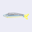 Pen case shaped like a fish with a blue body, yellow tail, and gray back on a light purple background
