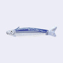 Pencil case shaped like a fish with blue and white pattern on a light gray background