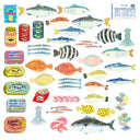 Lineup of approximately 40 fish themed flake stickers, all with a slight holographic shine. Stickers include: flounders, tuna, squid, shrimp, canned sardines, etc.