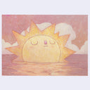 Illustration of a sun with a calm, sleeping facial expression half submerged in water at a pink sunrise.