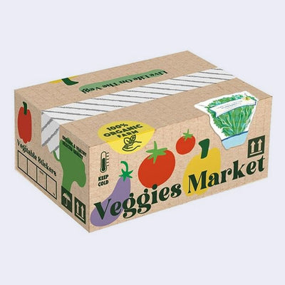 Small cardboard box with graphics of vegetables, made to look like a grocery store product delivery.