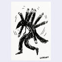 A black ink sketch on a white background depicting a stylized, dynamic human figure with multiple limbs extending outward as if trying to fly. 