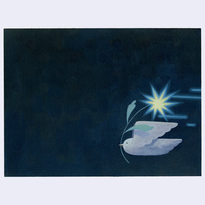 Painting of a primarily dark blue background, with a small bird flying across holding a star shaped flower. The flower is like a bright light, leaving light streaks behind as it moves.