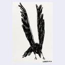 A minimalist black ink drawing of a bird with wings spread, centered on a white rectangular card or paper against a light gray background.