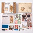 Wooden puzzle set with 'Book Nook & Wonderland' and 'Floral Corner' packaging on a white background.