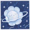 Painting of a flower as a planet, with a ring around it against a dark blue sky. The flower has a sleeping facial expression.