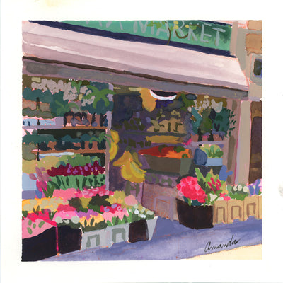 Plein air painting of a flower market, with lots of flower bins set up on the sidewalk.