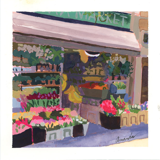 Plein air painting of a flower market, with lots of flower bins set up on the sidewalk.