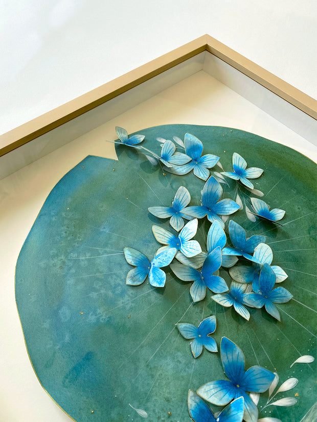 Painting on cut out paper of a round lily pad, blue and green with a series of small blue butterflies all over the pad like small flowers in a line. Shown at an angle to display 3D nature of butterflies, with their wings lifted.