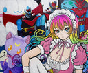 Painting of an anime style girl wearing a pink maid's outfit and white stockings and sitting on the ground with one leg extended out. She has a handheld gaming console and is surrounded by lots of plush dolls.