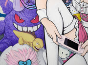 Painting of an anime style girl wearing a pink maid's outfit and white stockings and sitting on the ground with one leg extended out. She has a handheld gaming console and is surrounded by lots of plush dolls.