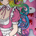 Painting of an anime style girl wearing a pink maid's outfit and white stockings and sitting on the ground with one leg extended out. She has a handheld gaming console and is surrounded by lots of plush dolls.