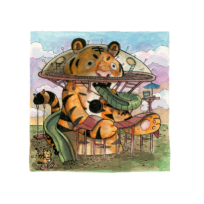 Illustration of a large tiger, with various slides and playground items coming off its body.