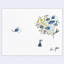 Illustration of a woman holding a bouquet of flowers with birds, on a white background.