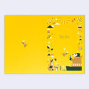 Yellow greeting card with a graphic of a bear sitting on the ground holding out a flower to a flying by bird. Border around are various nature themes and more animals.