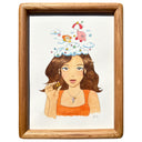 Watercolor illustration of a girl with brown hair, blue eye shadow and an orange top. She holds a mini treasure chest and atop her head are fluffy clouds with colorful stars. Floating down with an umbrella is Kirby and a Waddle Dee.
