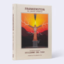 Book cover of "Frankenstein: The Complete Screenplay" with an illustration of a human figure standing on a podium with arms outstretched, being struck by lightning.