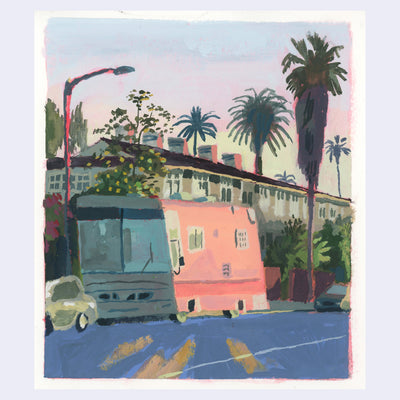 Plein air painting of a large RV parked on a street outside of an apartment building with palm trees around. The sunset reflect pink light onto the side of the RV.